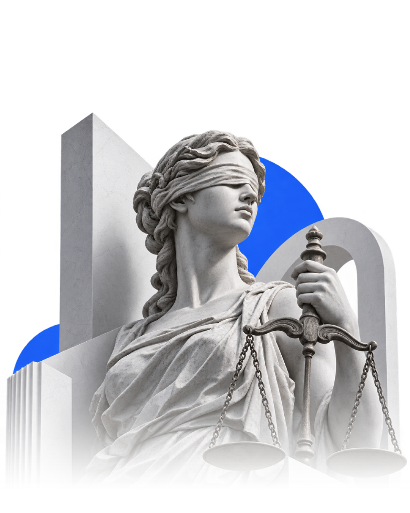 Escultura monumental da Justiça com balança e espada em composição arquitetônica contemporânea